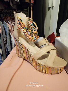 Dream Pairs Cream Wedge Sandals with Multicolor Beaded Straps